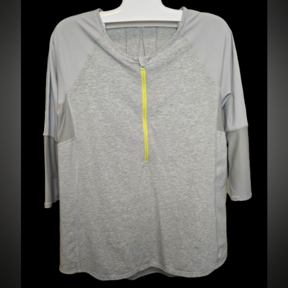 Lululemon Light Gray Long Sleeve Athletic Top with Neon Yellow Half Zip